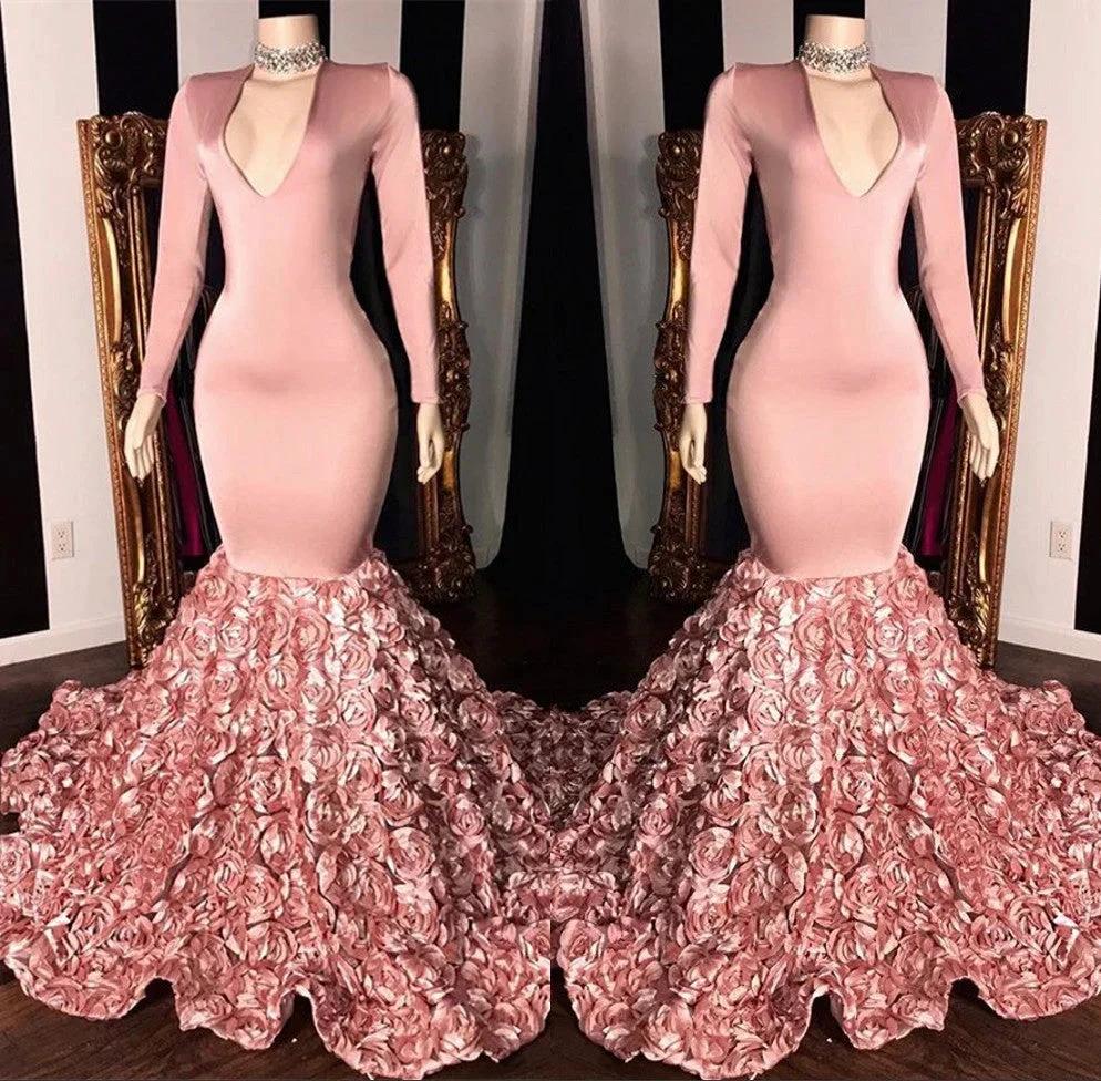 Elegant Long Sleeve Pink Mermaid Flowers Bottom Evening Gowns - Image 2