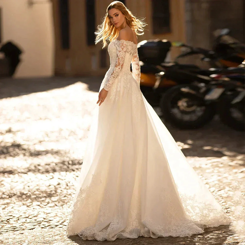 Elegant Long Sleeve Wedding Dresses Off The Shoulder Boat Neck Lace Appliques Sweep Train A-Line Bridal Gown Vestidos De Novia - Image 2