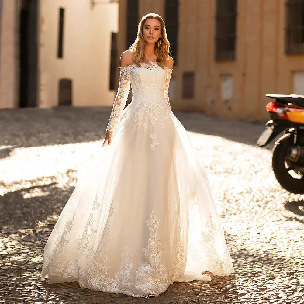 Elegant Long Sleeve Wedding Dresses Off The Shoulder Boat Neck Lace Appliques Sweep Train A-Line Bridal Gown Vestidos De Novia - Image 3
