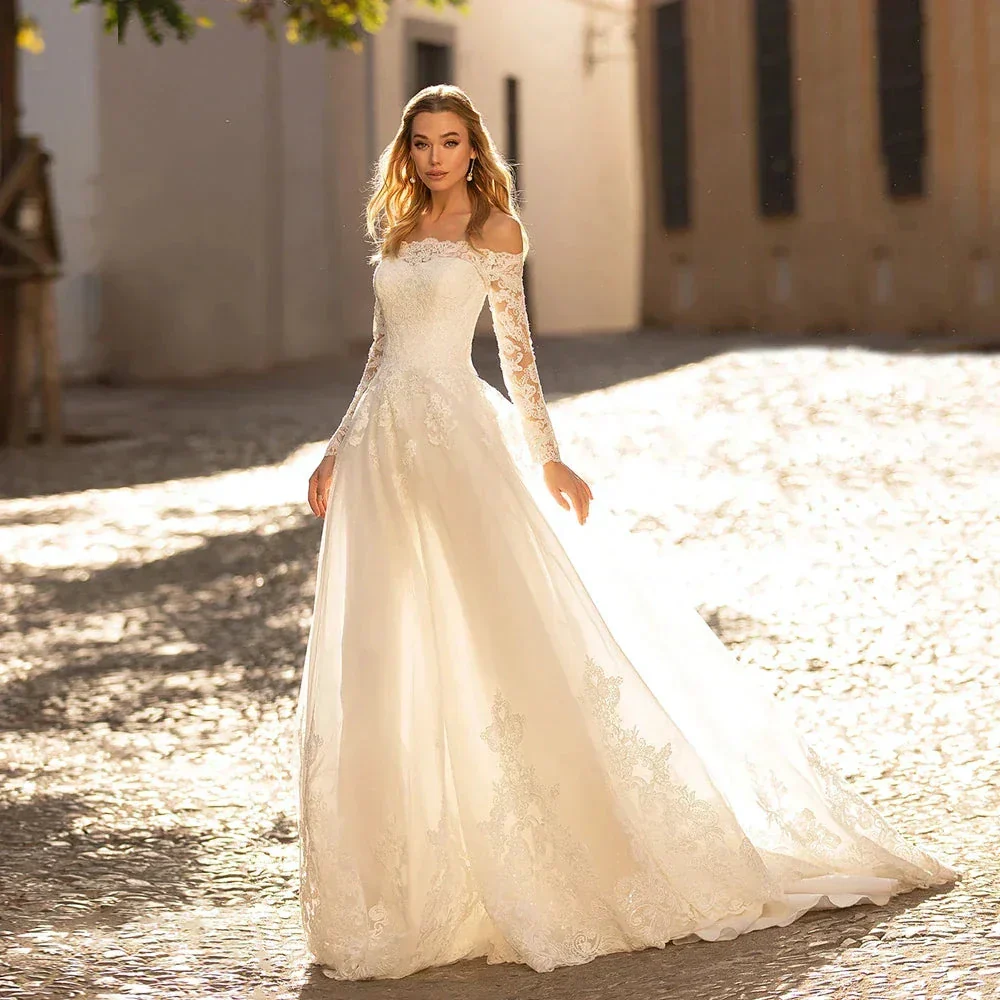 Elegant Long Sleeve Wedding Dresses Off The Shoulder Boat Neck Lace Appliques Sweep Train A-Line Bridal Gown Vestidos De Novia - Image 4