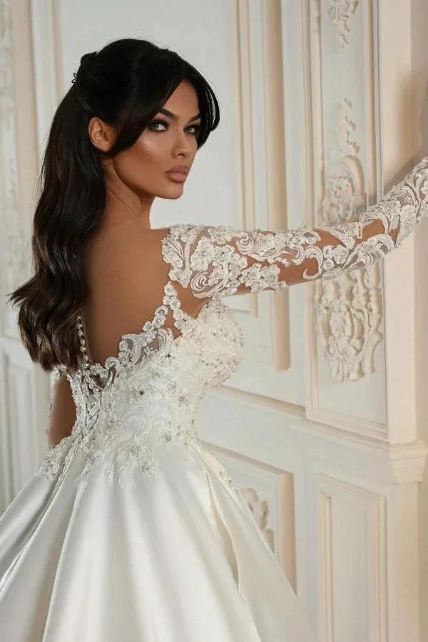 Elegant Long Sleeves A-line Sweetheart Satin Lace Wedding Dresses with Pockets - Image 2