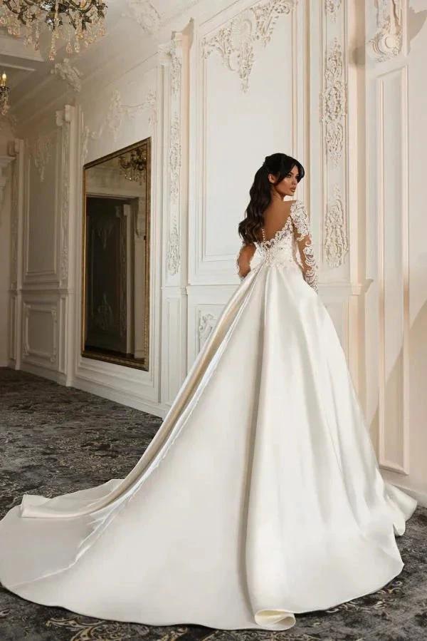 Elegant Long Sleeves A-line Sweetheart Satin Lace Wedding Dresses with Pockets - Image 3