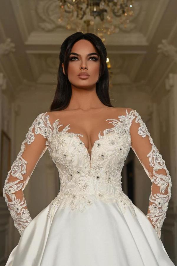 Elegant Long Sleeves A-line Sweetheart Satin Lace Wedding Dresses with Pockets - Image 4
