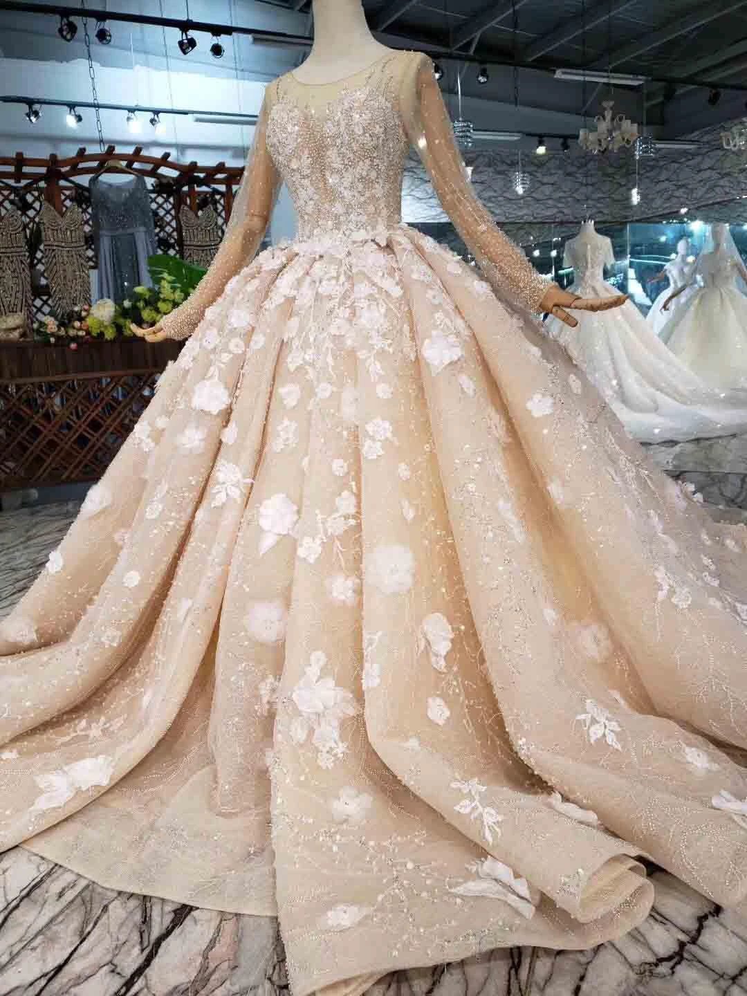 Elegant Long Sleeves Ball Gown Beading Wedding Dress With Flowers WD377 - Image 2