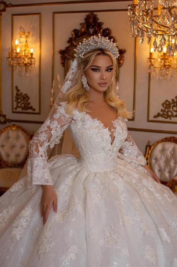 Elegant Long Sleeves Ball Gown V-Neck Sweetheart Wedding Dress with Appliques Lace - Image 3