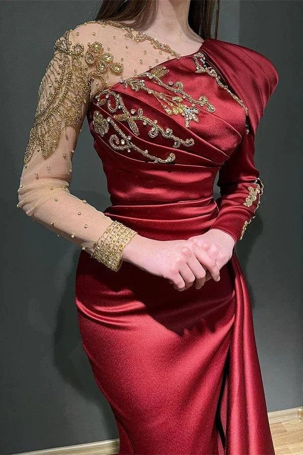 Elegant Long Sleeves Mermaid Asymmetrical Ruffles Satin Tulle Prom Dresses - Image 2