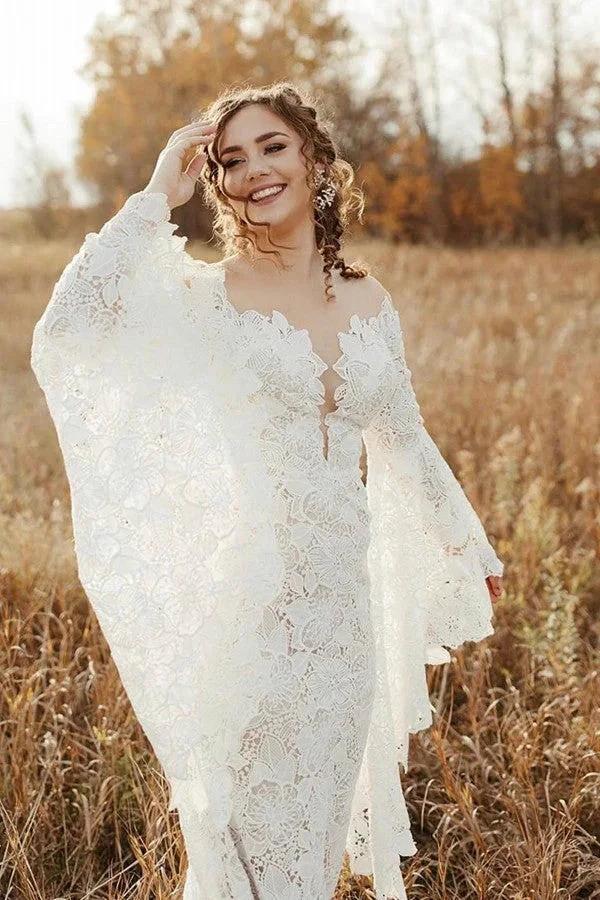 Elegant Long Sleeves Mermaid Lace Backless Wedding Dresses - Image 3