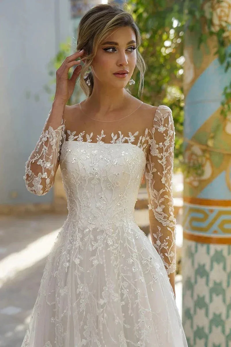 Elegant Long Sleeves Scoop Neck Lace Appliques Beach Wedding Dress WD681 - Image 2