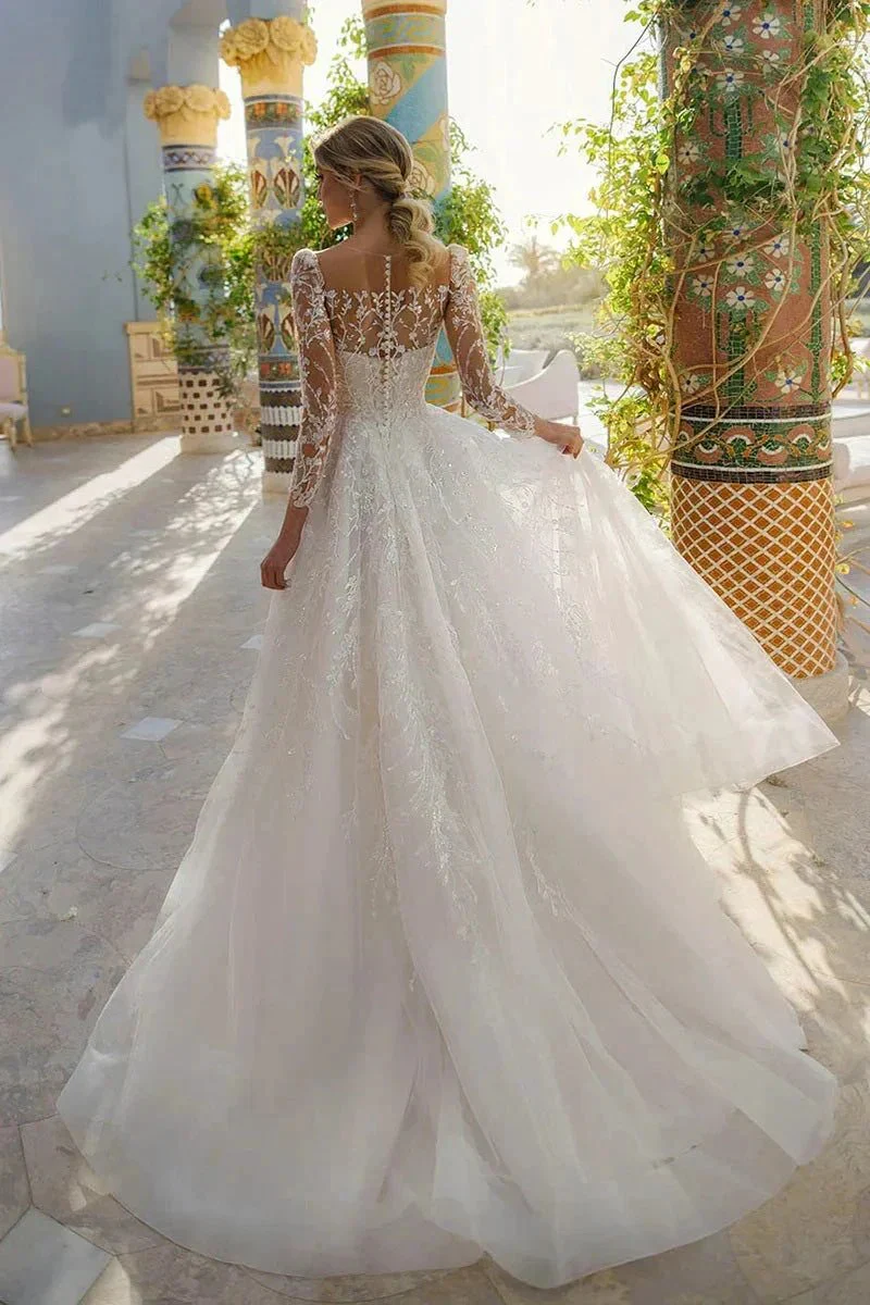 Elegant Long Sleeves Scoop Neck Lace Appliques Beach Wedding Dress WD681 - Image 3