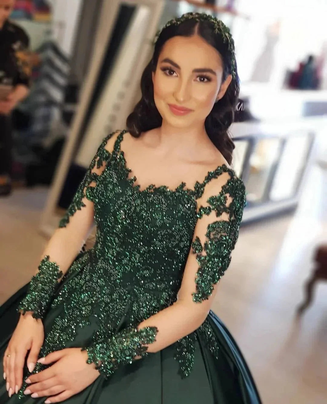 Elegant Long Sleeves Sweetheart Lace Satin Ball Gown Prom Dresses - Image 5