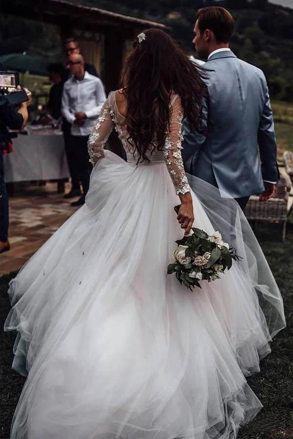 Elegant Long Sleeves Tulle Wedding Dresses Bridal Gowns With Lace Applique  WD385 - Image 2