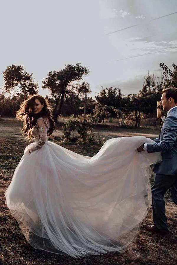 Elegant Long Sleeves Tulle Wedding Dresses Bridal Gowns With Lace Applique  WD385 - Image 3