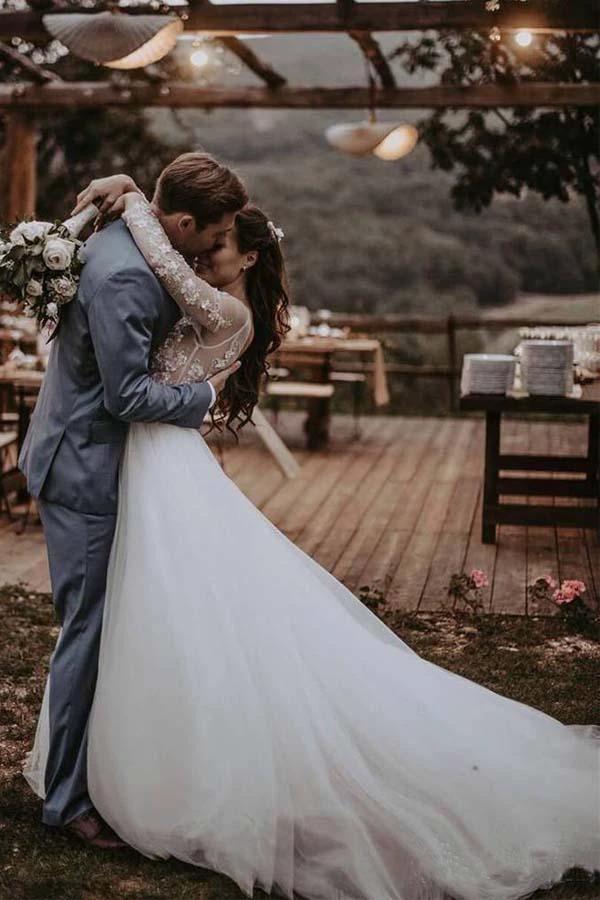 Elegant Long Sleeves Tulle Wedding Dresses Bridal Gowns With Lace Applique  WD385 - Image 4