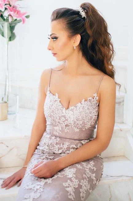 Elegant Long Spaghetti Straps Lace Mermaid Prom Dresses - Image 3