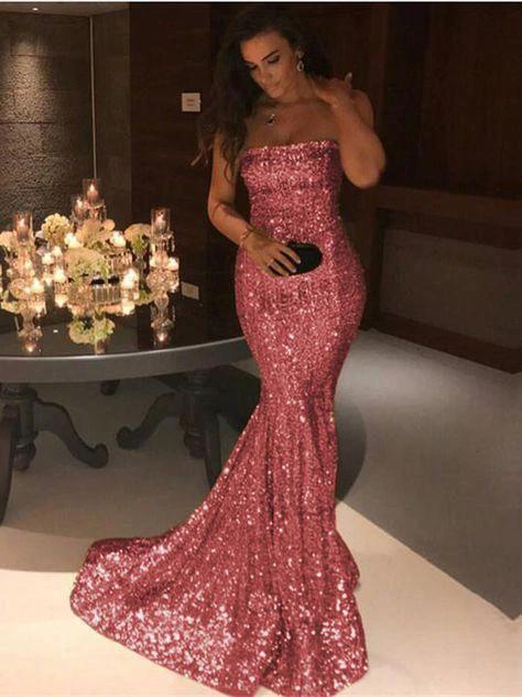 Elegant Long Strapless Sequins Mermaid Evening Prom Dress - Image 2