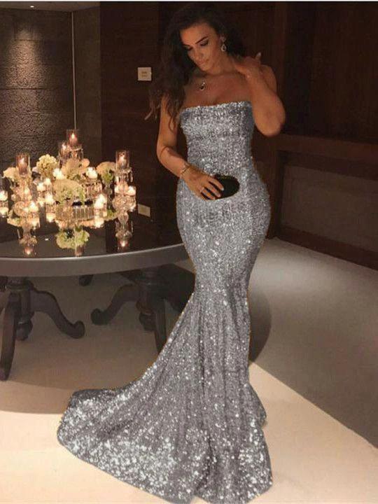 Elegant Long Strapless Sequins Mermaid Evening Prom Dress - Image 3