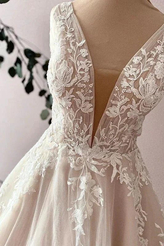 Elegant Long Sweetheart A-Line Tulle Appliques Lace Wedding Dress - Image 2