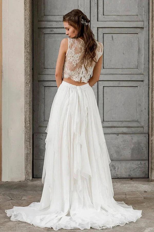 Elegant Long Two Piece A-line Lace Chiffon Wedding Dress - Image 2