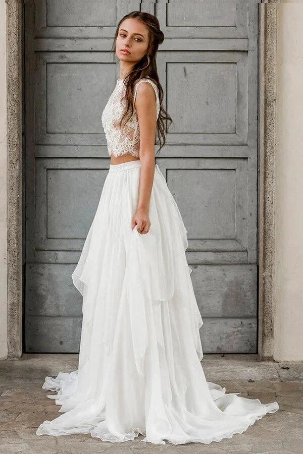 Elegant Long Two Piece A-line Lace Chiffon Wedding Dress - Image 3