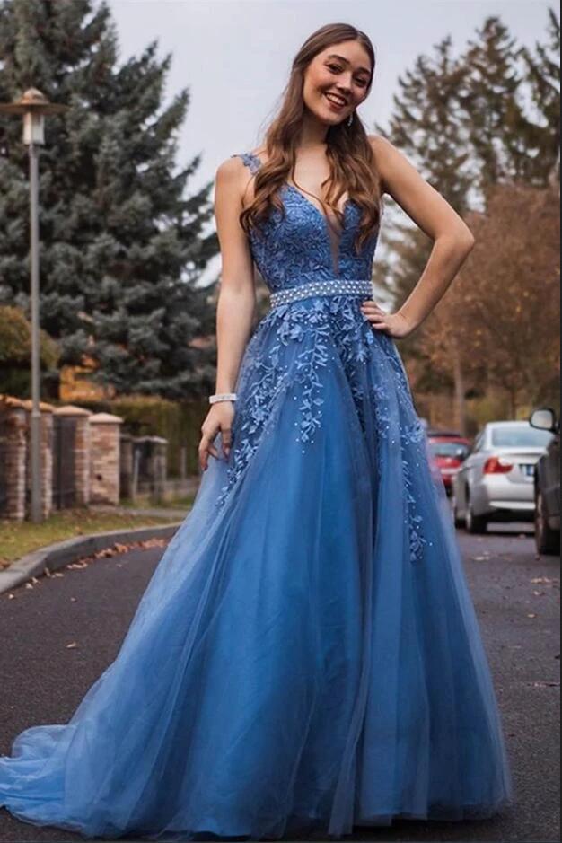 Elegant Long V-neck Wide Straps Tulle A-line Prom Dress with Appliques Lace - Image 2