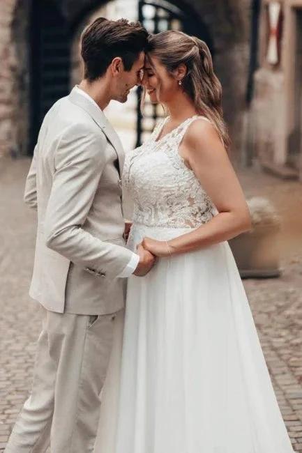 Elegant Long White A-line Lace Chiffon Sleeveless Backless Wedding Dress - Image 4