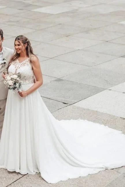 Elegant Long White A-line Lace Chiffon Sleeveless Backless Wedding Dress - Image 6