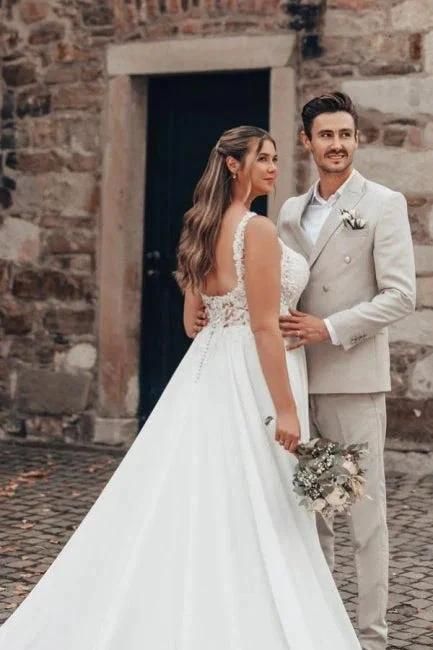 Elegant Long White A-line Lace Chiffon Sleeveless Backless Wedding Dress - Image 7