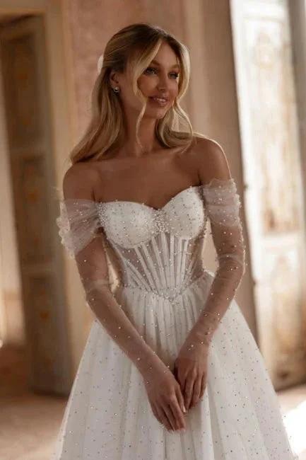 Elegant Long White A-line Off-the-shoulder Tulle Rhinestones Pearls Wedding Dress - Image 3