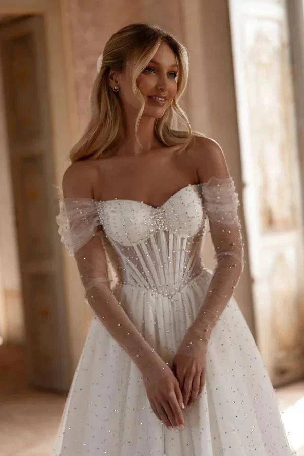 Elegant Long White A Line Off-The-Shoulder Tulle Wedding Dress - Image 3