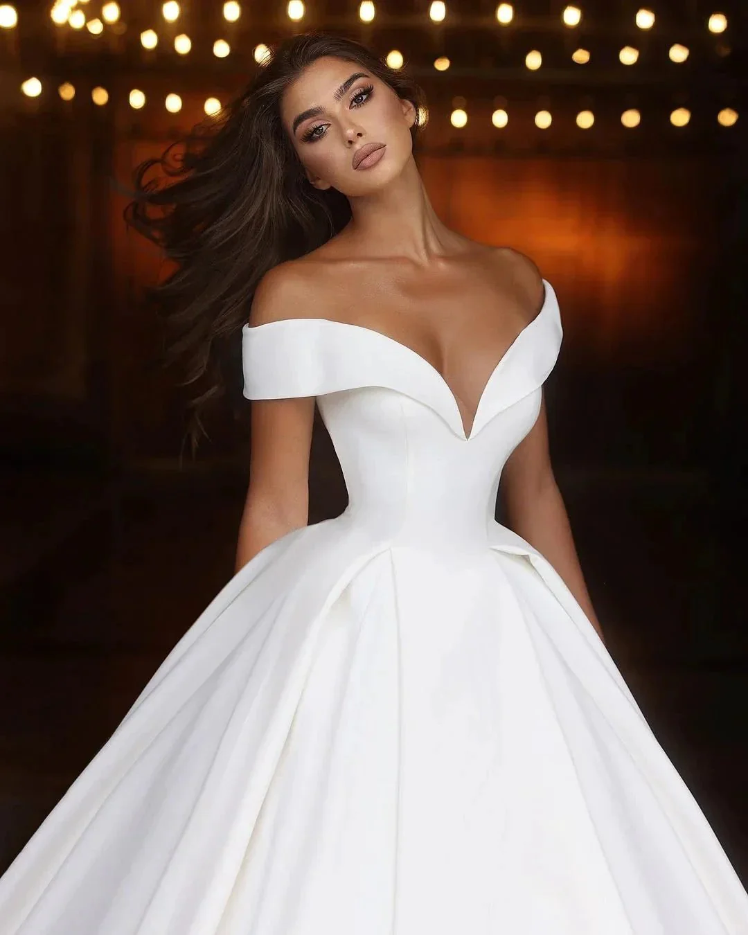 Elegant Long White A-line Off-the-shoulder V-neck Satin Wedding Dress - Image 2