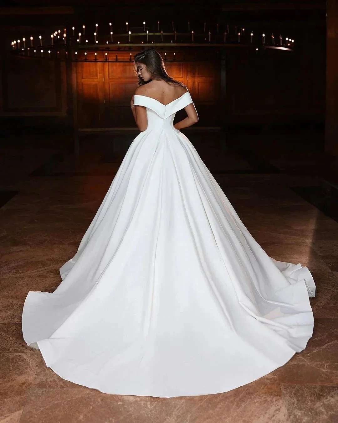Elegant Long White A-line Off-the-shoulder V-neck Satin Wedding Dress - Image 3