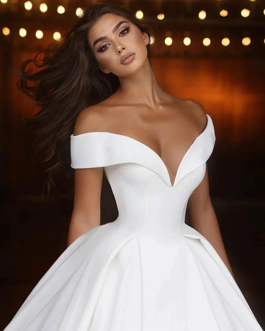 Elegant Long White A-line Off-the-shoulder V-neck Satin Wedding Dress - Image 4