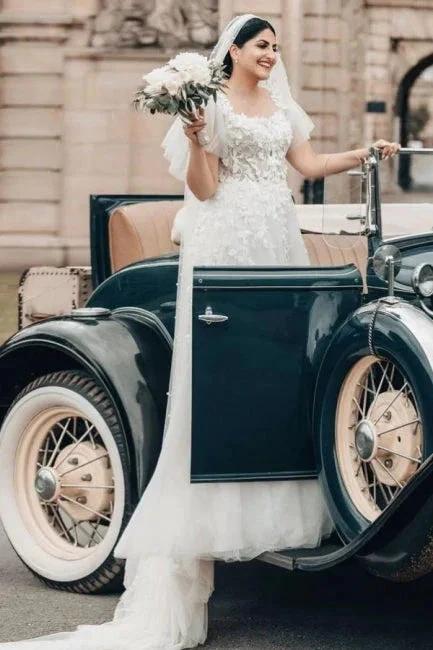 Elegant Long White A-line Square Neck Tulle Lace Wedding Dress with Short Sleeves - Image 4
