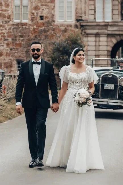 Elegant Long White A-line Square Neck Tulle Lace Wedding Dress with Short Sleeves - Image 6