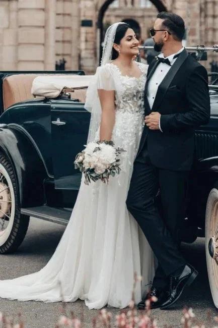 Elegant Long White A-line Square Neck Tulle Lace Wedding Dress with Short Sleeves - Image 7