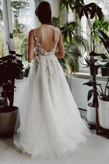 Elegant Long White A-line V-neck Lace Glitter Backless Wedding Dress with Slit - Image 2