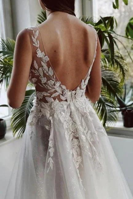 Elegant Long White A-line V-neck Lace Glitter Backless Wedding Dress with Slit - Image 4