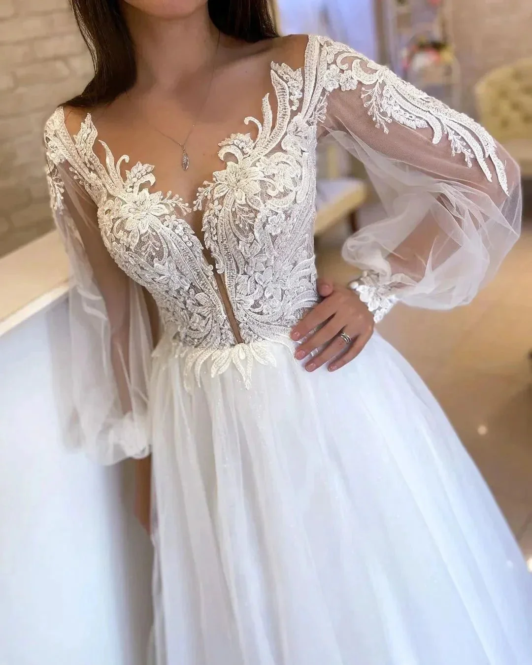 Elegant Long White A-line V-neck Tulle Long Sleeves Wedding Dress With Lace - Image 2
