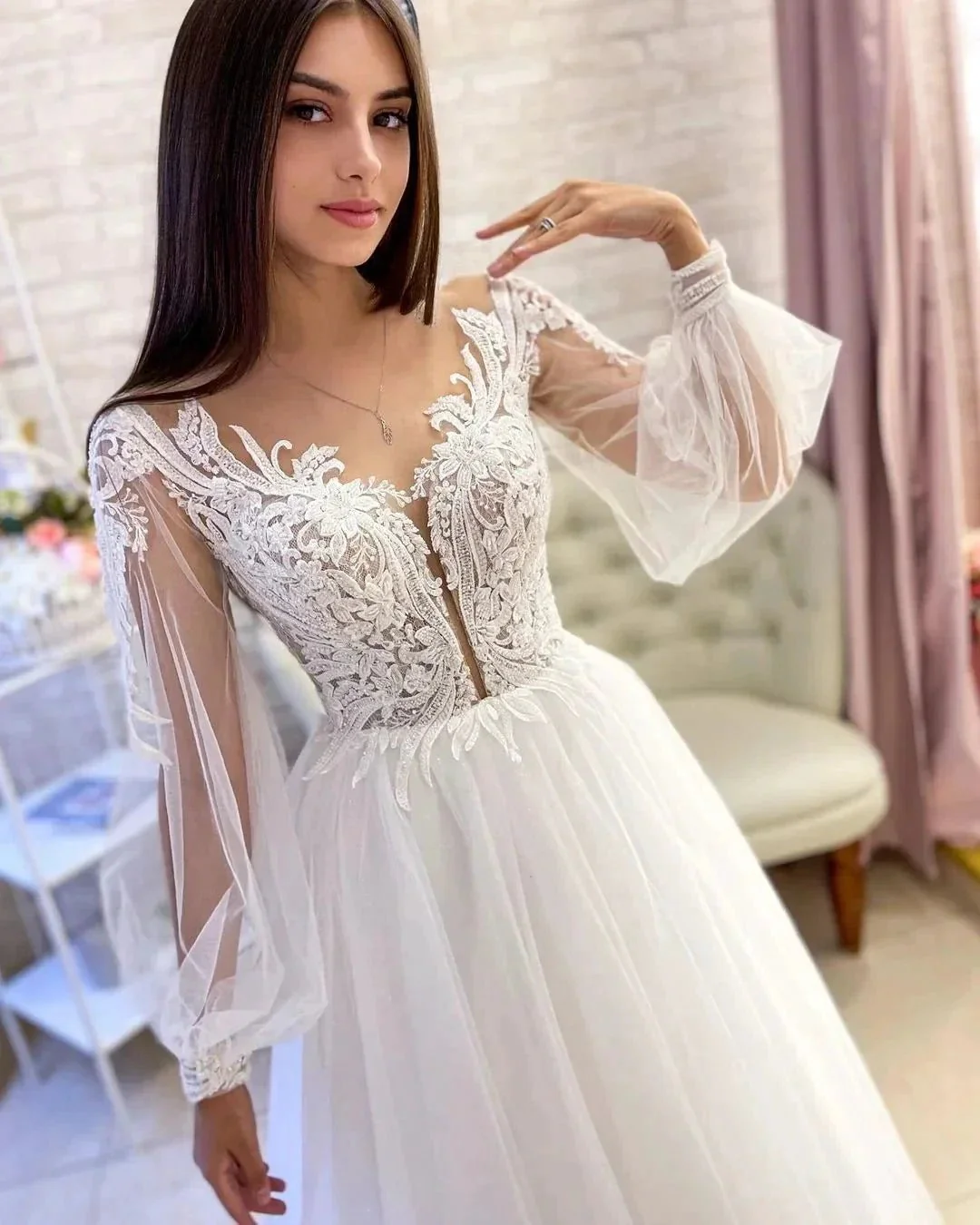 Elegant Long White A-line V-neck Tulle Long Sleeves Wedding Dress With Lace - Image 4