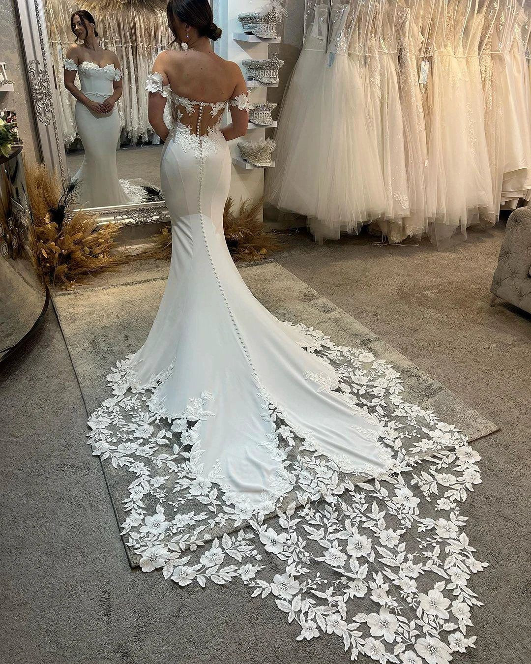 Elegant Long White Mermaid Off-the-shoulder Appliques Wedding Dress With Train - Image 4