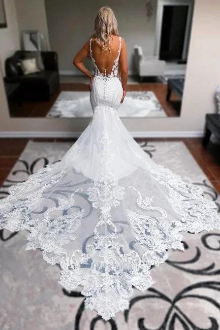 Elegant Long White Mermaid Straps V-neck Backless Wedding Dress with Lace - Image 2