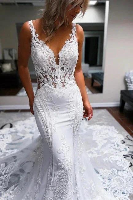 Elegant Long White Mermaid Straps V-neck Backless Wedding Dress with Lace - Image 3
