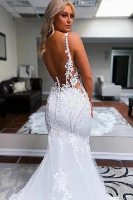 Elegant Long White Mermaid Straps V-neck Backless Wedding Dress with Lace - Image 4