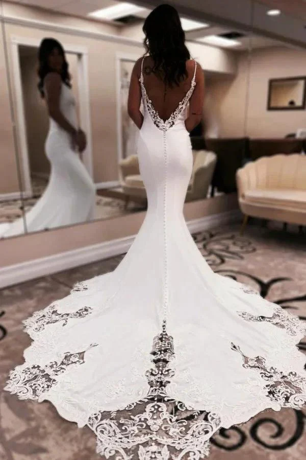 Elegant Long White Mermaid V-neck Spaghetti Straps Backless Wedding Dress with Lace - Image 2