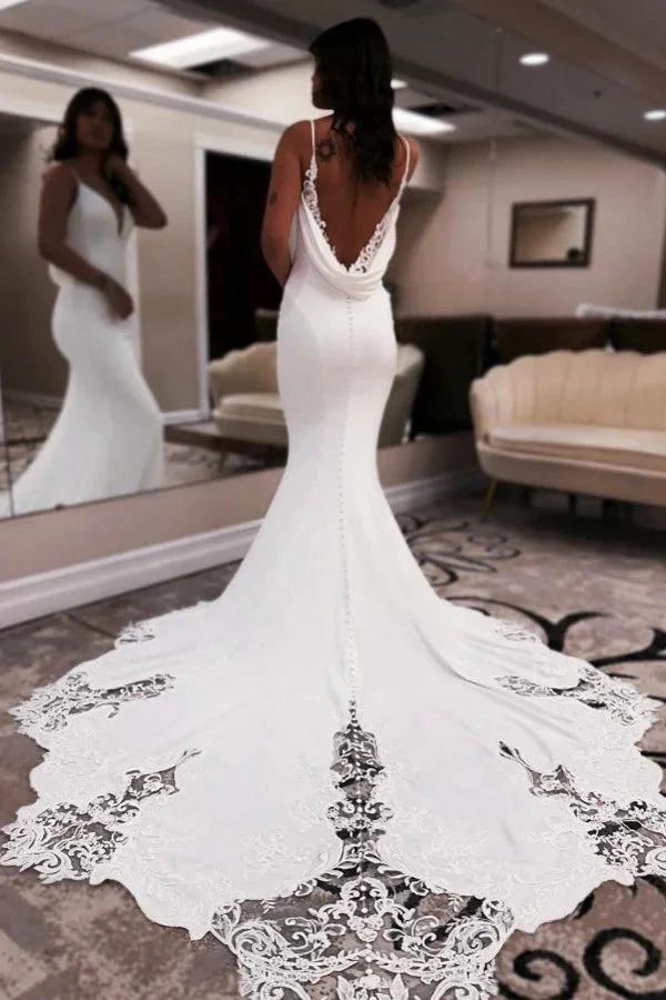 Elegant Long White Mermaid V-neck Spaghetti Straps Backless Wedding Dress with Lace - Image 4