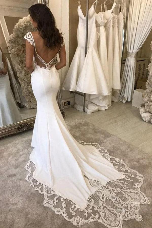 Elegant Mermaid Cap Sleeve V Neck Satin Wedding Dress With Lace Appliques  WD587 - Image 2