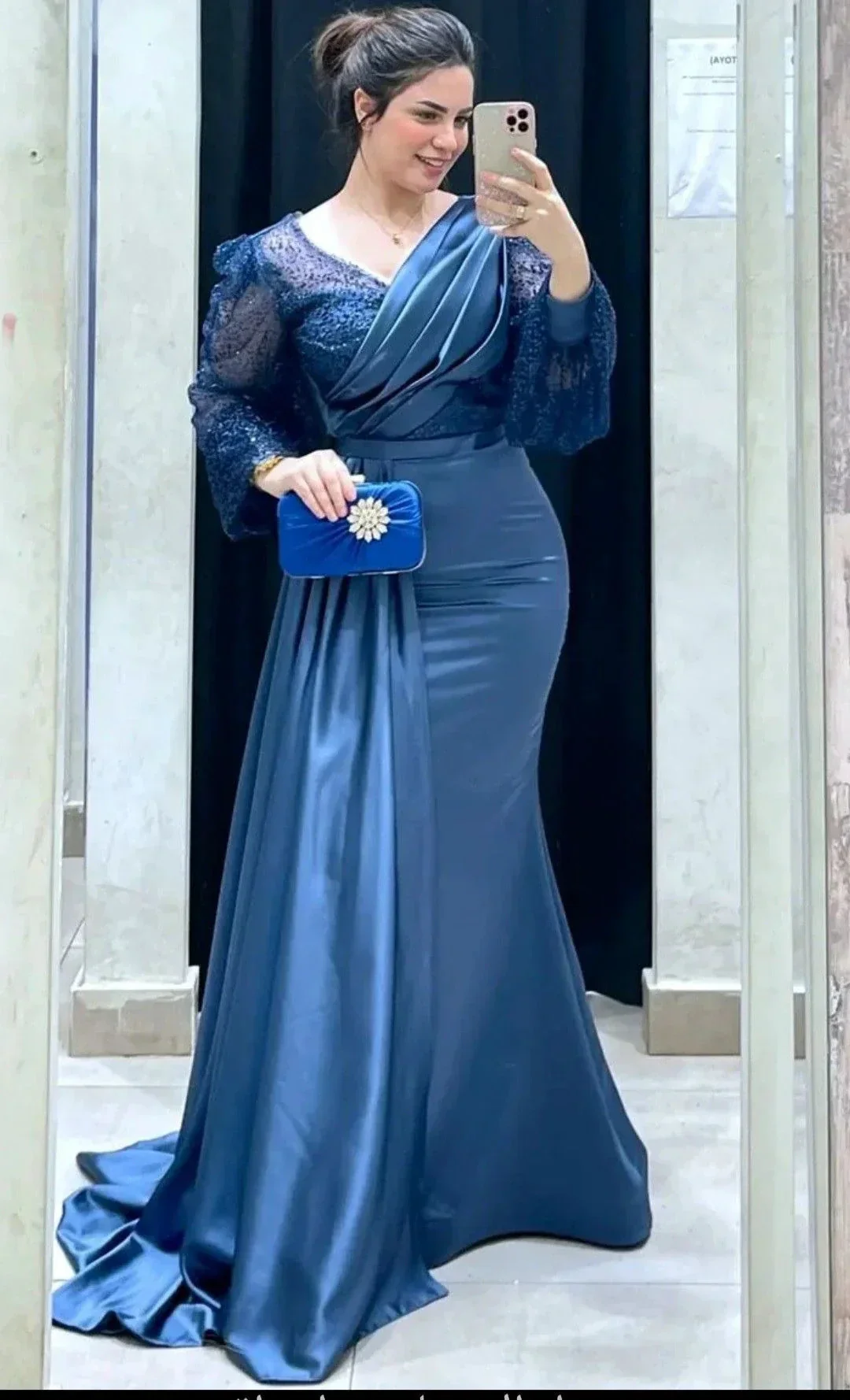 Elegant Mermaid Evening Dress for Women V Neck Long Sleeve Sweep Train Side Slit Pleated Wedding Party Formal Dress Y4957 - Image 2