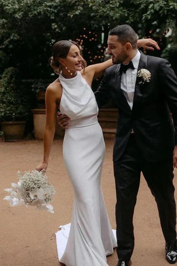 Elegant Mermaid Halter Modest Wedding Dress Simple Bridal Gown WD738 - Image 2