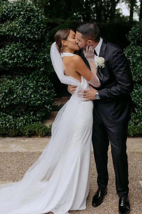 Elegant Mermaid Halter Modest Wedding Dress Simple Bridal Gown WD738 - Image 3