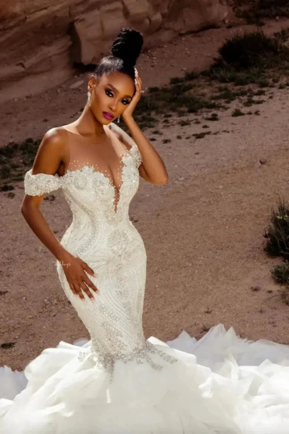 Elegant Mermaid Lace Off-The-Shoulder Sleeveless White Wedding Dresses With Beading - Image 2